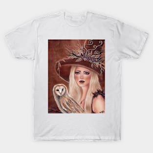 Willow witch with owl Art by Renee Lavoie T-Shirt